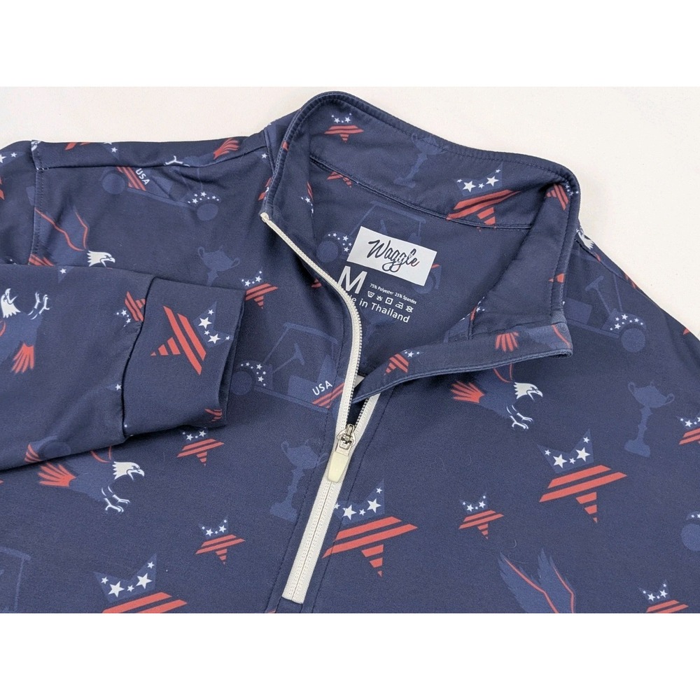 Waggle Golf 1/4 Zip Shirt Long Sleeve Blue Cart Flag American Performance